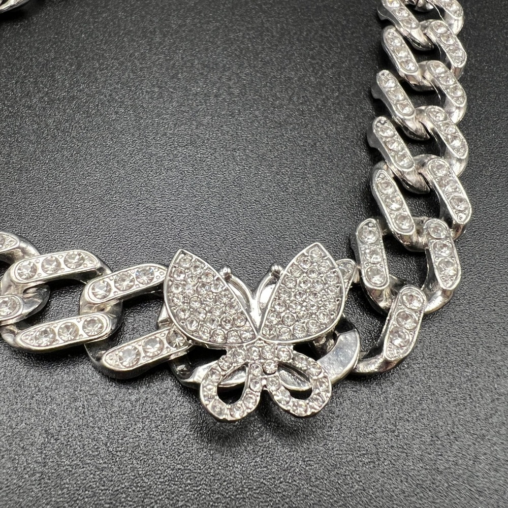 Butterfly Cuban Link Chain Necklace Silver Tone Y2K Rhinestone Bling Iced Out - Picture 3 of 9